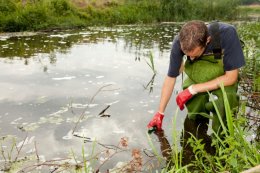 Man with waders and gloves on taking a sample from a pond